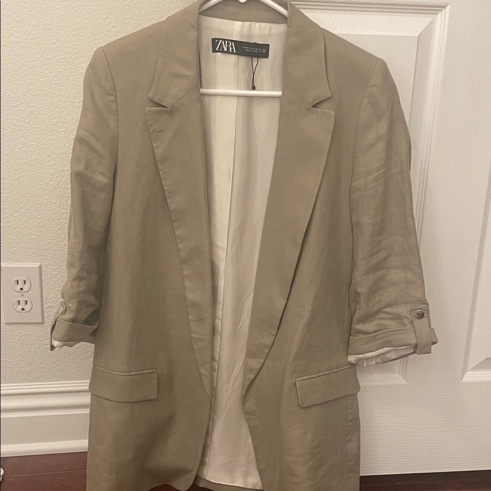 Zara Beige Linen Blend Blazer with Rolled Sleeves